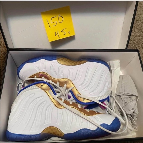 Nike White and Gold Sneakers with Blue Soles